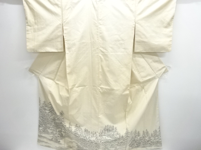 JAPANESE KIMONO / TEMPLE SCENERY PATTERN WOVEN VERTICAL FUSHI TSUMUGI